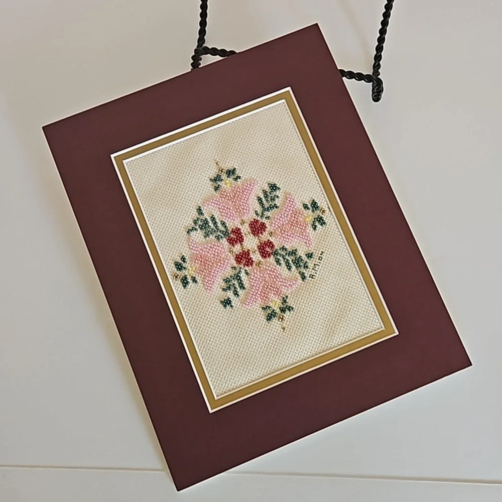Hand Crafted Glass Beaded Art Floral Needlepoint Beadwork Pink Flower Framed